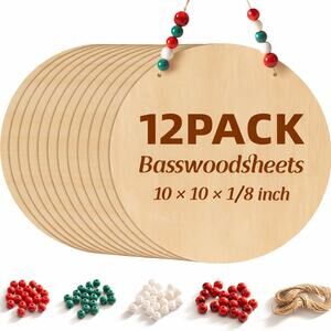 12 Pack 10 Inch Wood Circles for Crafts, 1/8" Basswood Plywood Sheets with Holes